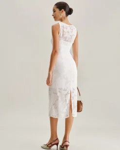 White Lace Boat Neck Midi Dress