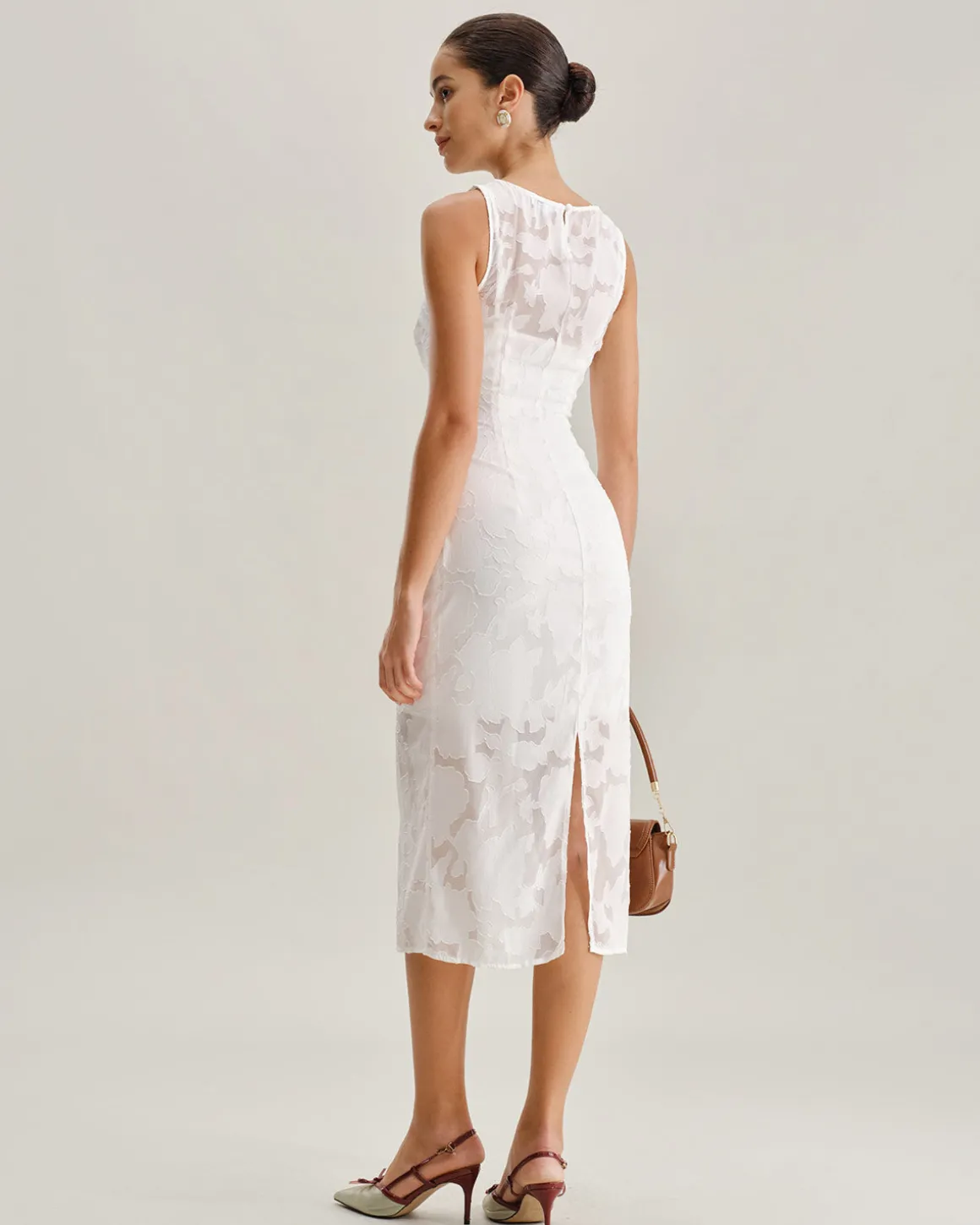 White Lace Boat Neck Midi Dress