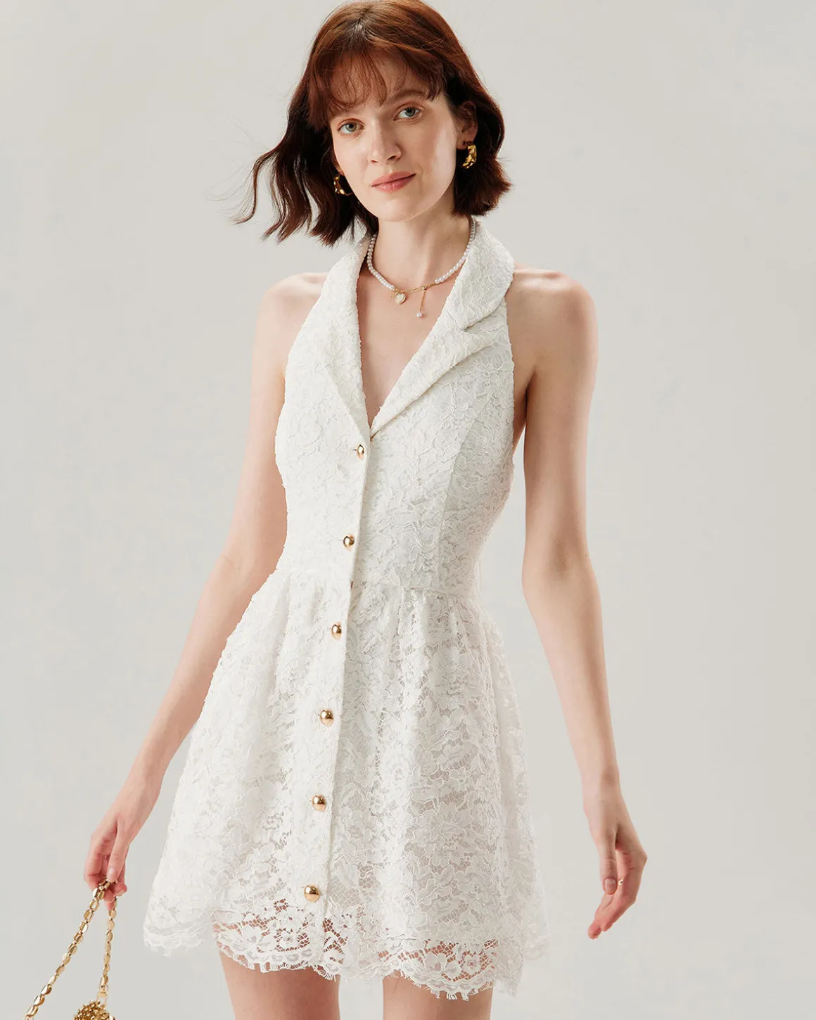 White Lace Collared Sleeveless Mini Dress