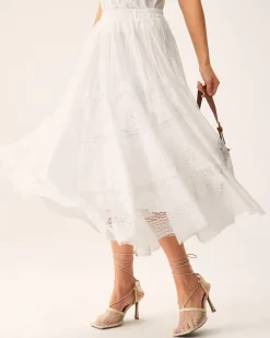 White Lace Elastic Waist Midi Skirt