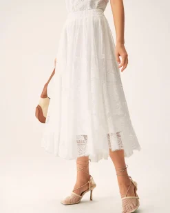 White Lace Elastic Waist Midi Skirt