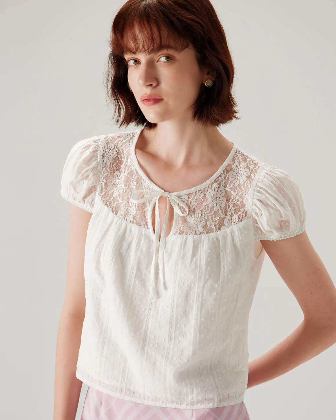 White Lace Puffed Sleeve Tee