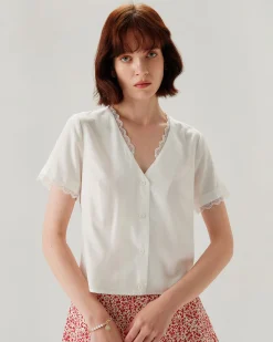 White Lace V-neck Blouse