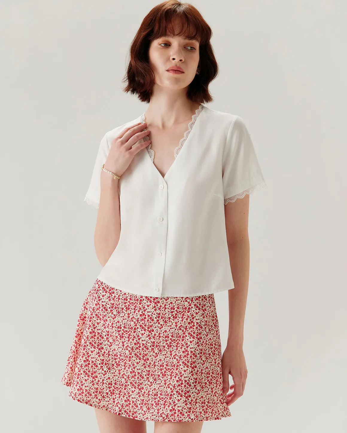 White Lace V-neck Blouse