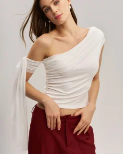 White Mesh One Shoulder Tee
