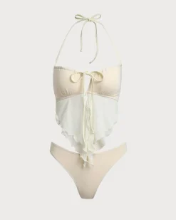White Mesh Ruched Tankini Swimsuit