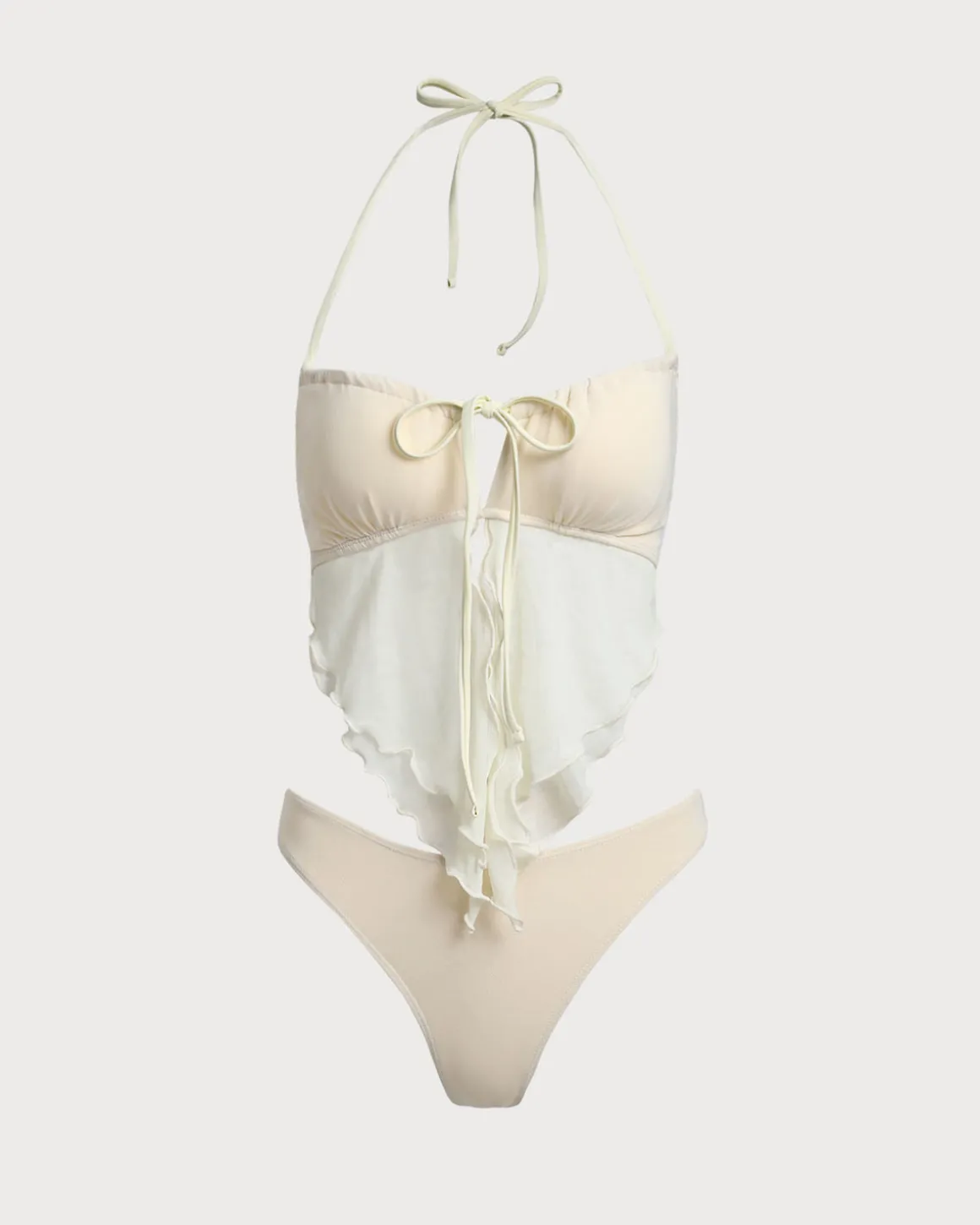 White Mesh Ruched Tankini Swimsuit