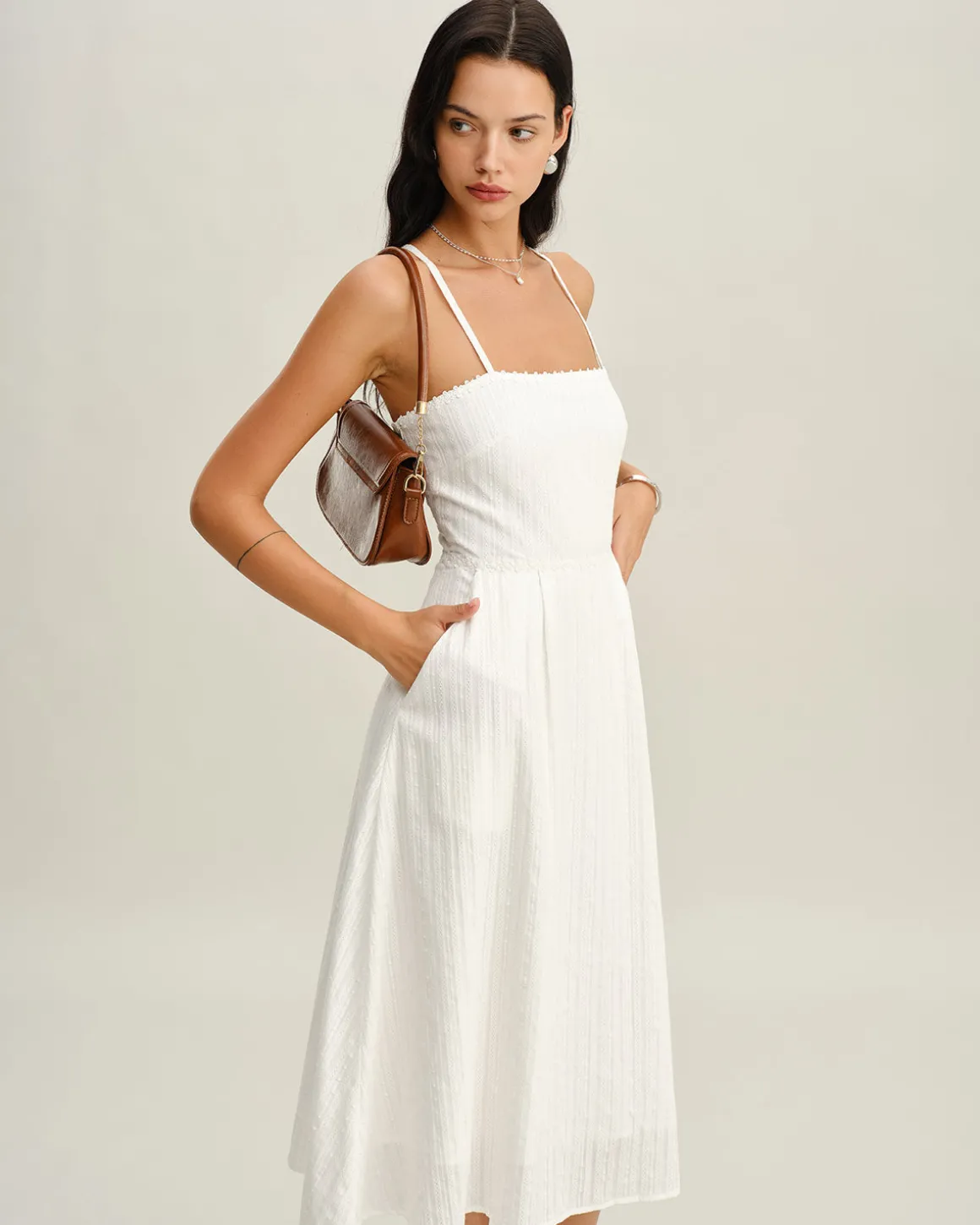 White Pocket A-Line Slip Midi Dress