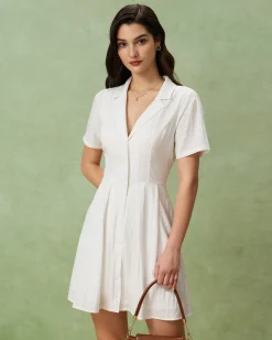 White Puffed Sleeve Button Mini Dress