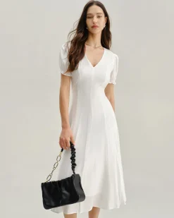 White Puffed Sleeve V Neck Midi Dress