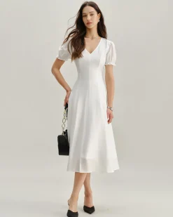 White Puffed Sleeve V Neck Midi Dress