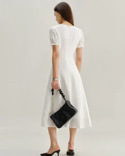White Puffed Sleeve V Neck Midi Dress