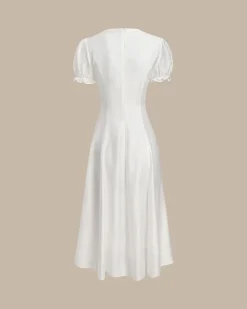 White Puffed Sleeve V Neck Midi Dress