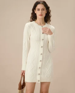 White Round Neck Bodycon Sweater Dress