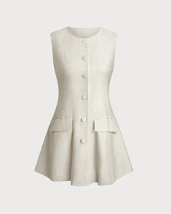 White Round Neck Button Sleeveless Mini Dress