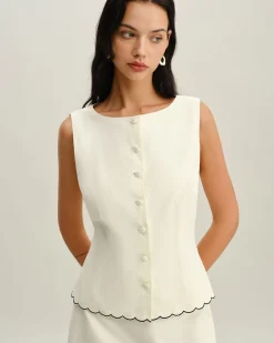 White Round Neck Button Vest