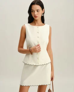 White Round Neck Button Vest