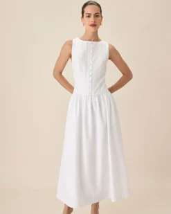 White Round Neck Pocket Maxi Dress