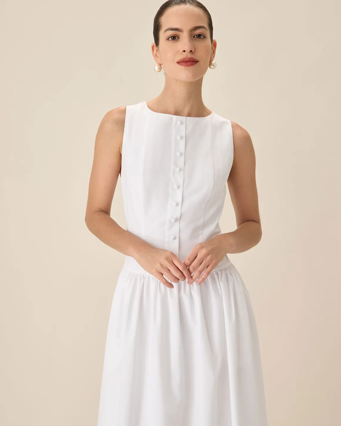 White Round Neck Pocket Maxi Dress