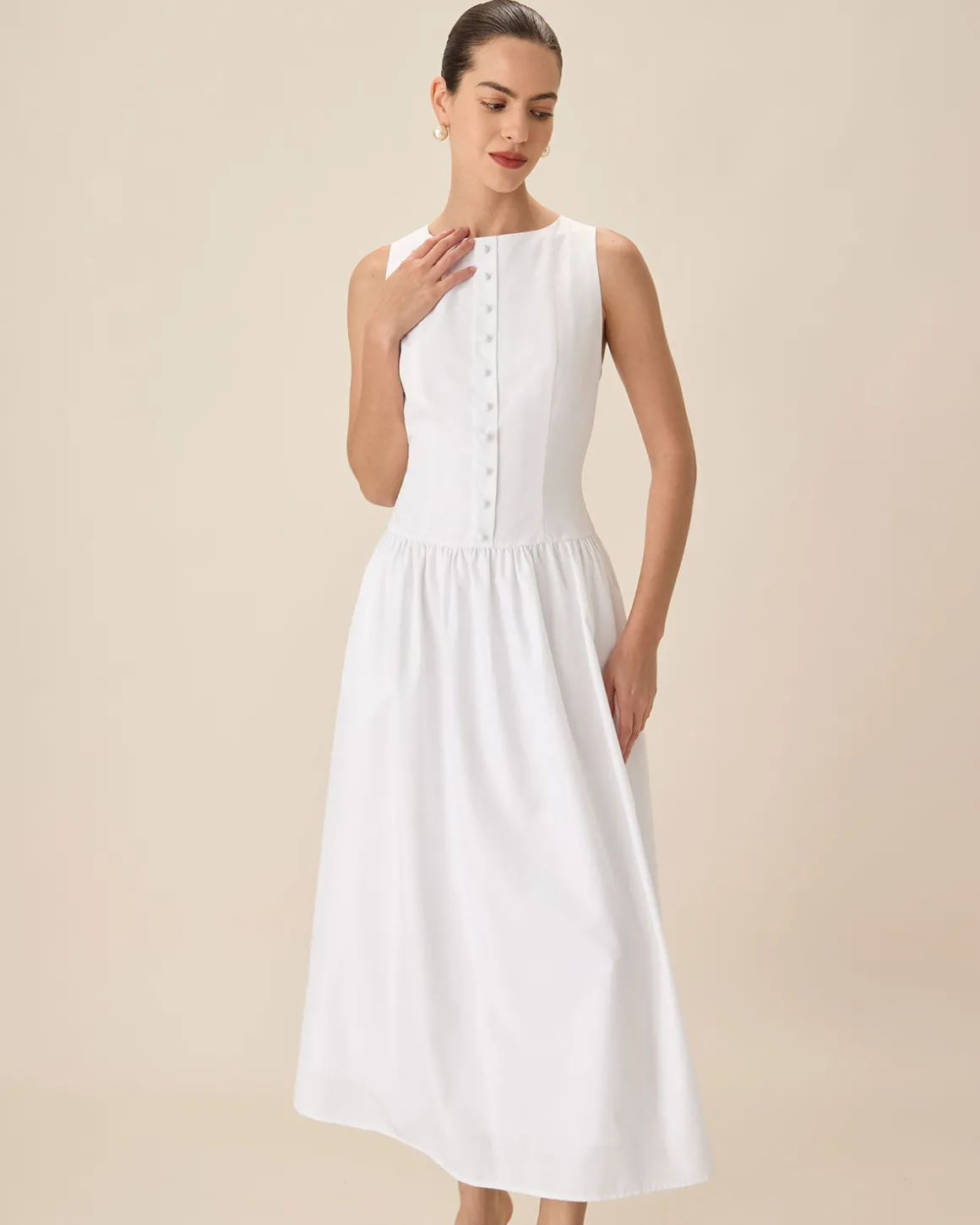 White Round Neck Pocket Maxi Dress