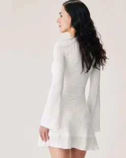 White Ruched Bell Sleeve Mini Dress