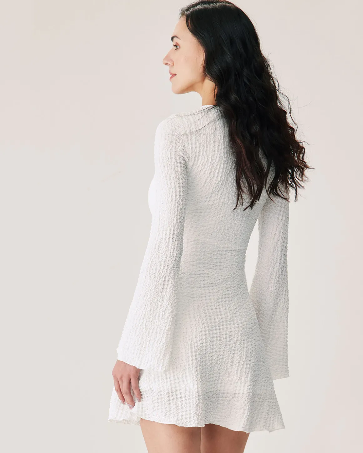 White Ruched Bell Sleeve Mini Dress