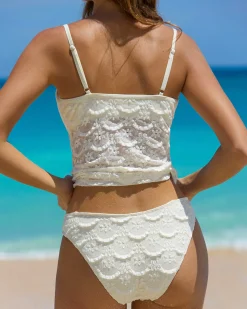 White Ruched Mesh Flower Tankini Swimsuit