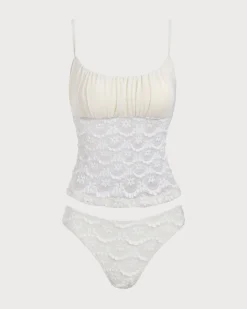 White Ruched Mesh Flower Tankini Swimsuit