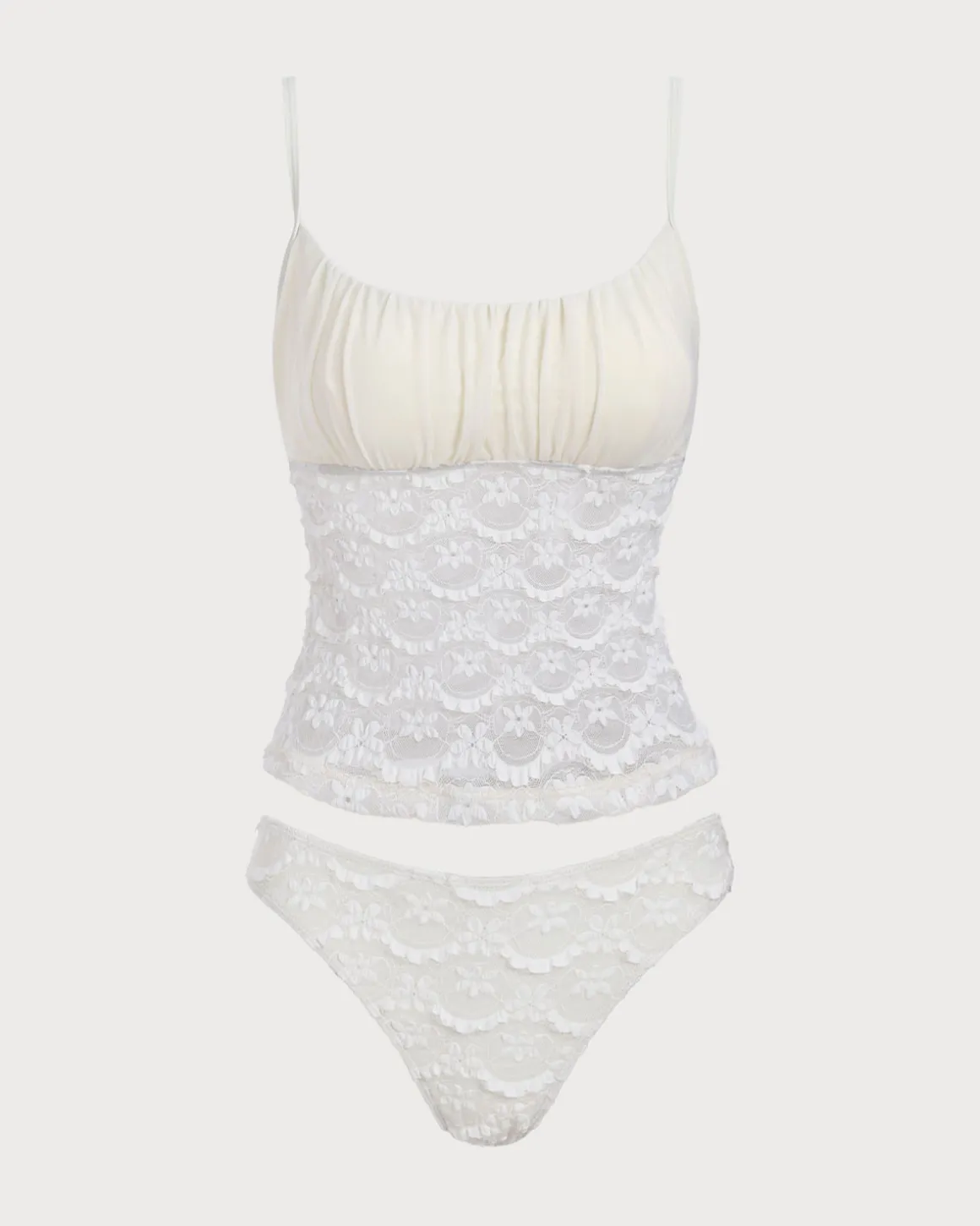 White Ruched Mesh Flower Tankini Swimsuit