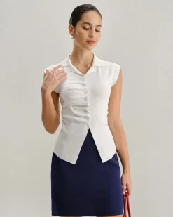 White Ruched Single Breasted Cardigan
