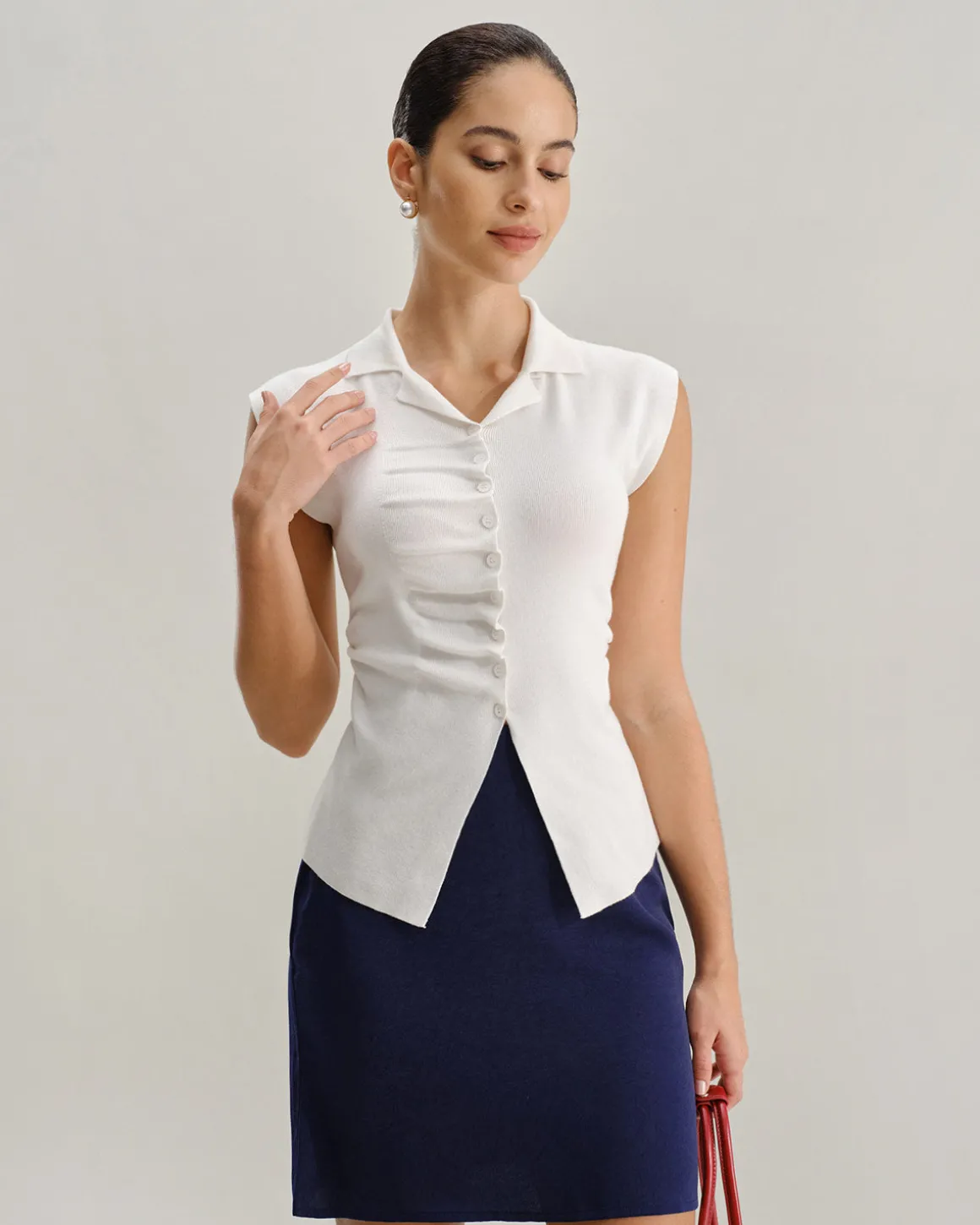 White Ruched Single Breasted Cardigan