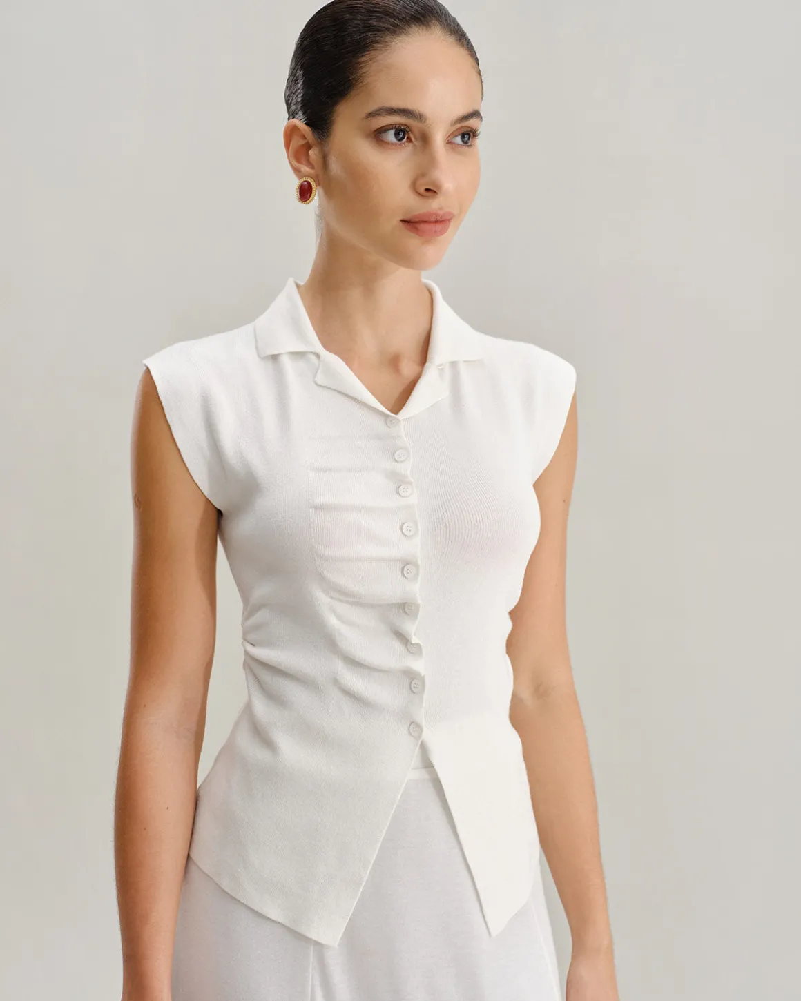 White Ruched Single Breasted Cardigan
