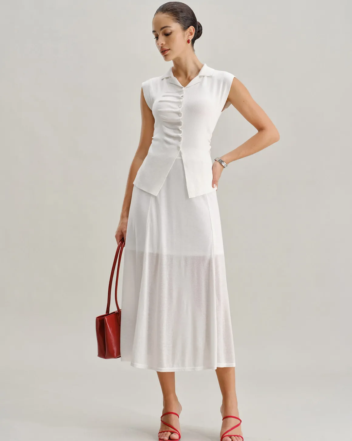 White Ruched Single Breasted Cardigan