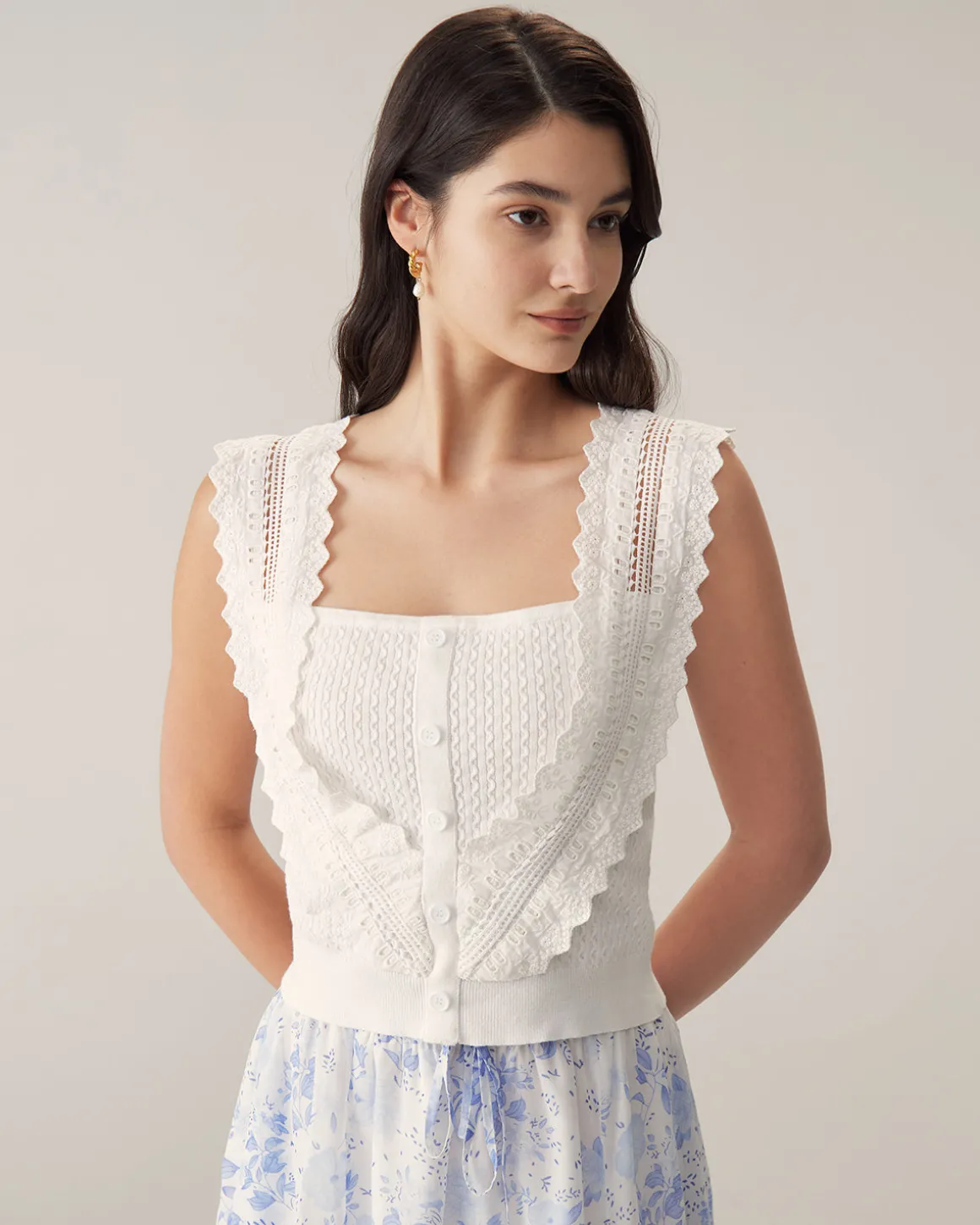 White Ruffle Embroidery Tank