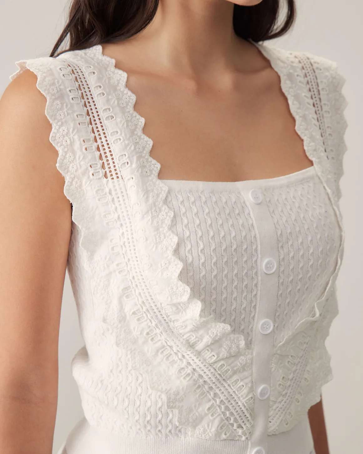 White Ruffle Embroidery Tank