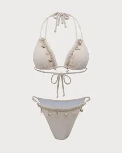 White Shell Embellished Bikini Set