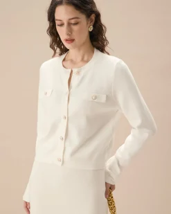 White Single Breasted Knit Cardigan