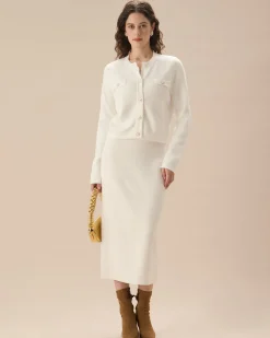 White Single Breasted Knit Cardigan