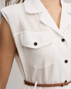White Sleeveless Belted Midi Dress