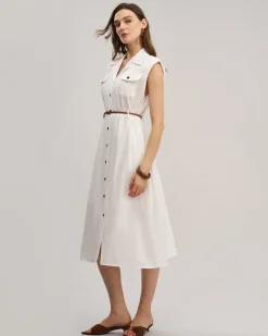 White Sleeveless Belted Midi Dress