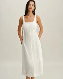 White Square Neck Button Slip Midi Dress