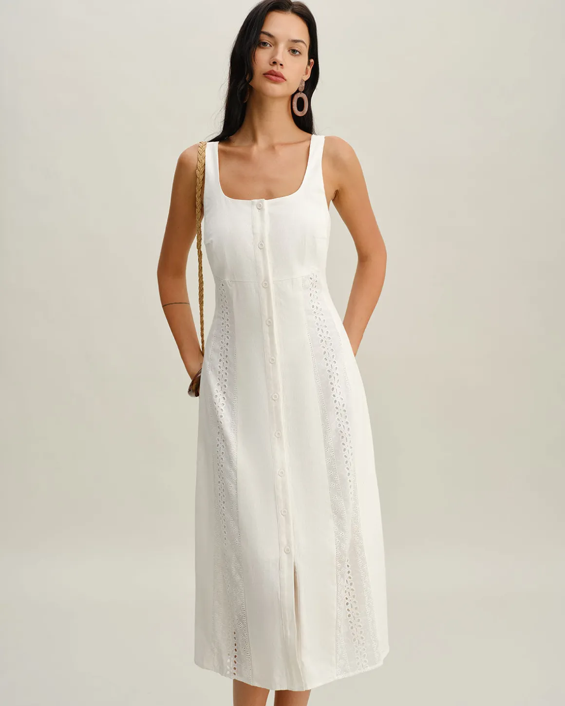 White Square Neck Button Slip Midi Dress