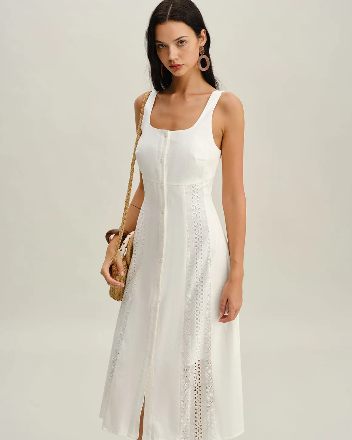 White Square Neck Button Slip Midi Dress