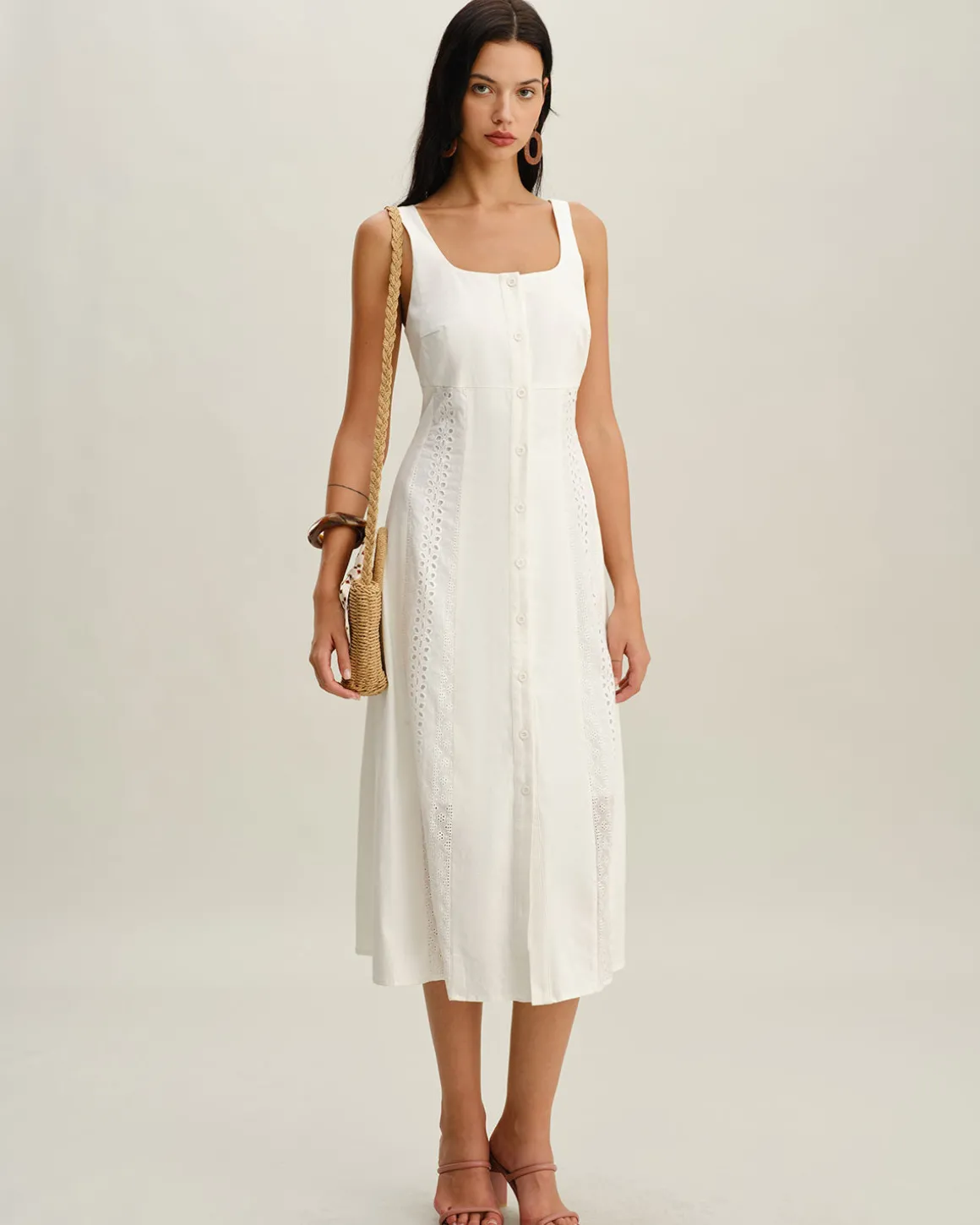 White Square Neck Button Slip Midi Dress