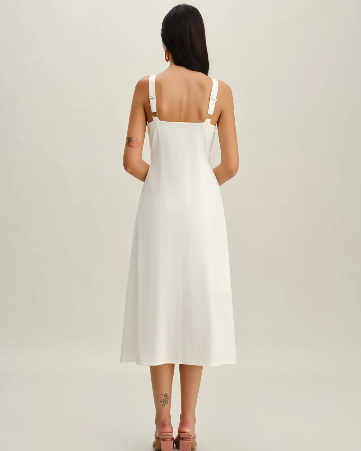 White Square Neck Button Slip Midi Dress