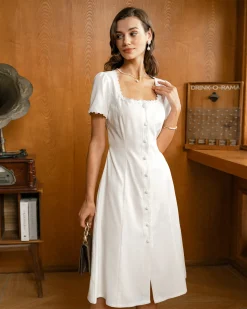 White Square Neck Button Midi Dress