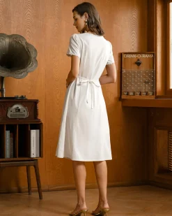 White Square Neck Button Midi Dress