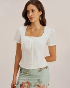 White Square Neck Button Lace Blouse