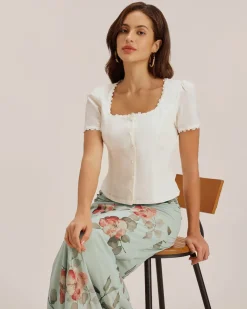 White Square Neck Button Lace Blouse
