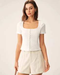 White Square Neck Ribbed Knit Tee